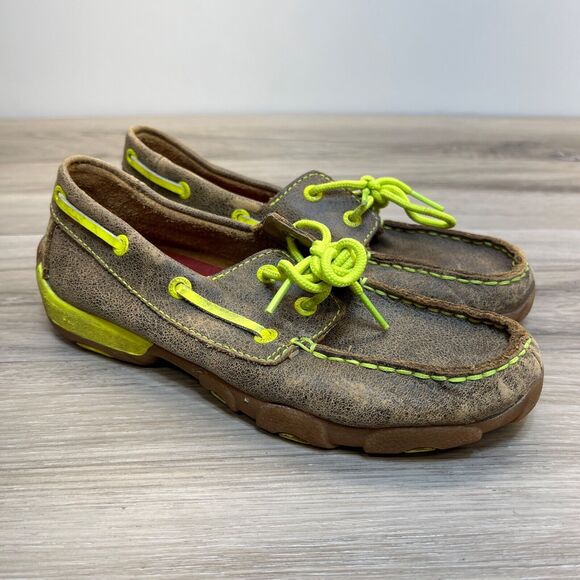 Twisted X Youth Brown Neon Bomber Leather Boat Shoe Loafers Size 3M (YDM0005) - Picture 1 of 10